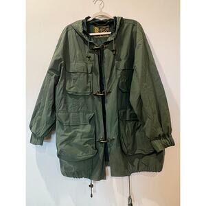 Vtg Kenneth Barnard oversized metal buckle rain jacket hood green women’s XL